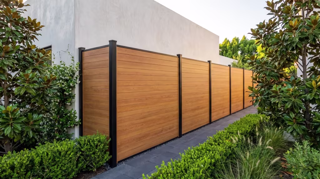 Magnolia and star jasmine enclose this Woodgrain aluminum privacy fence turning through a wellness spa garden