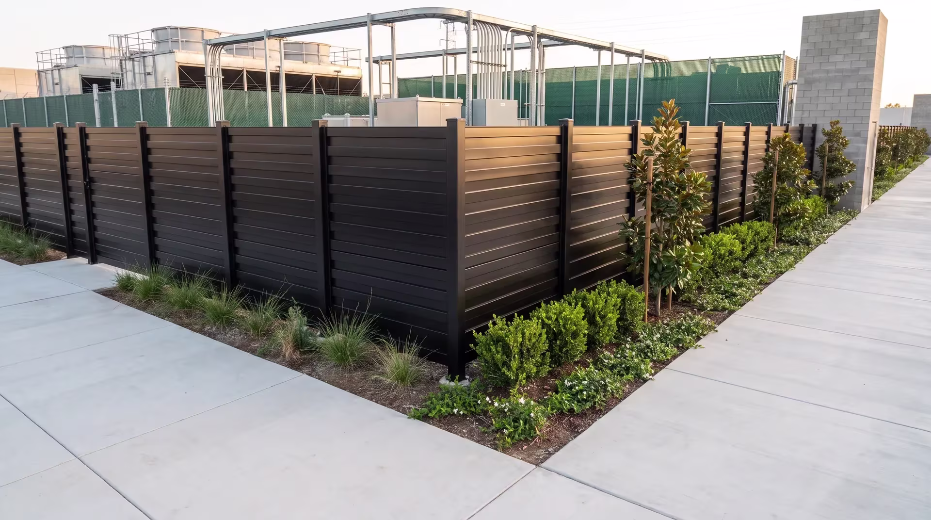 A masonry column anchors this aluminum horizontal privacy shadowbox fence on a cloud infrastructure campus, finished in Black