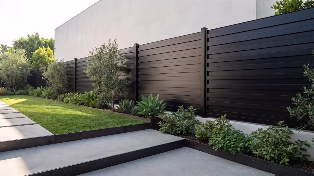 Black aluminum horizontal privacy shadowbox fence enclosing a spa garden beside a minimal plaster facade