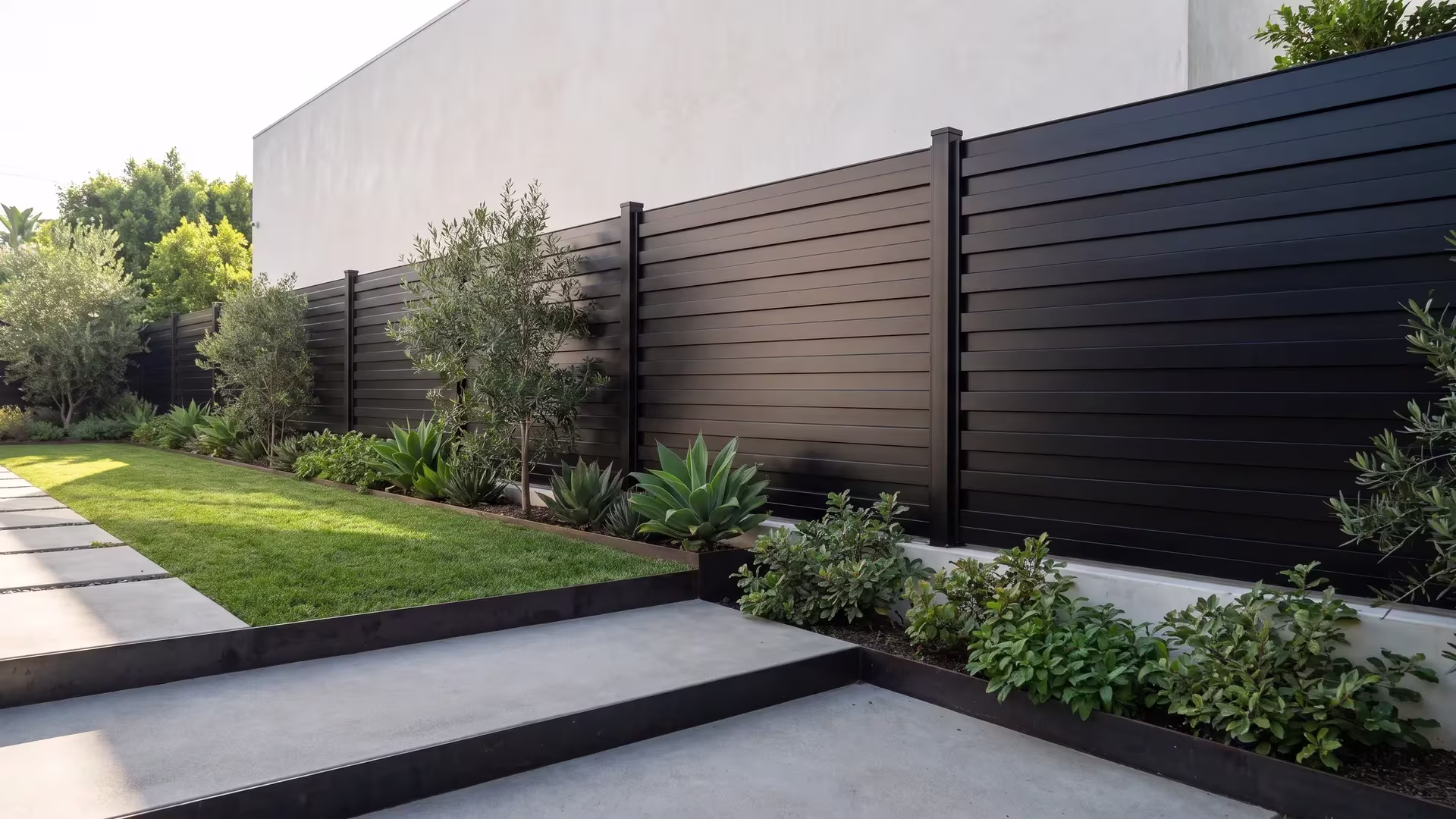 Black aluminum horizontal privacy shadowbox fence enclosing a spa garden beside a minimal plaster facade