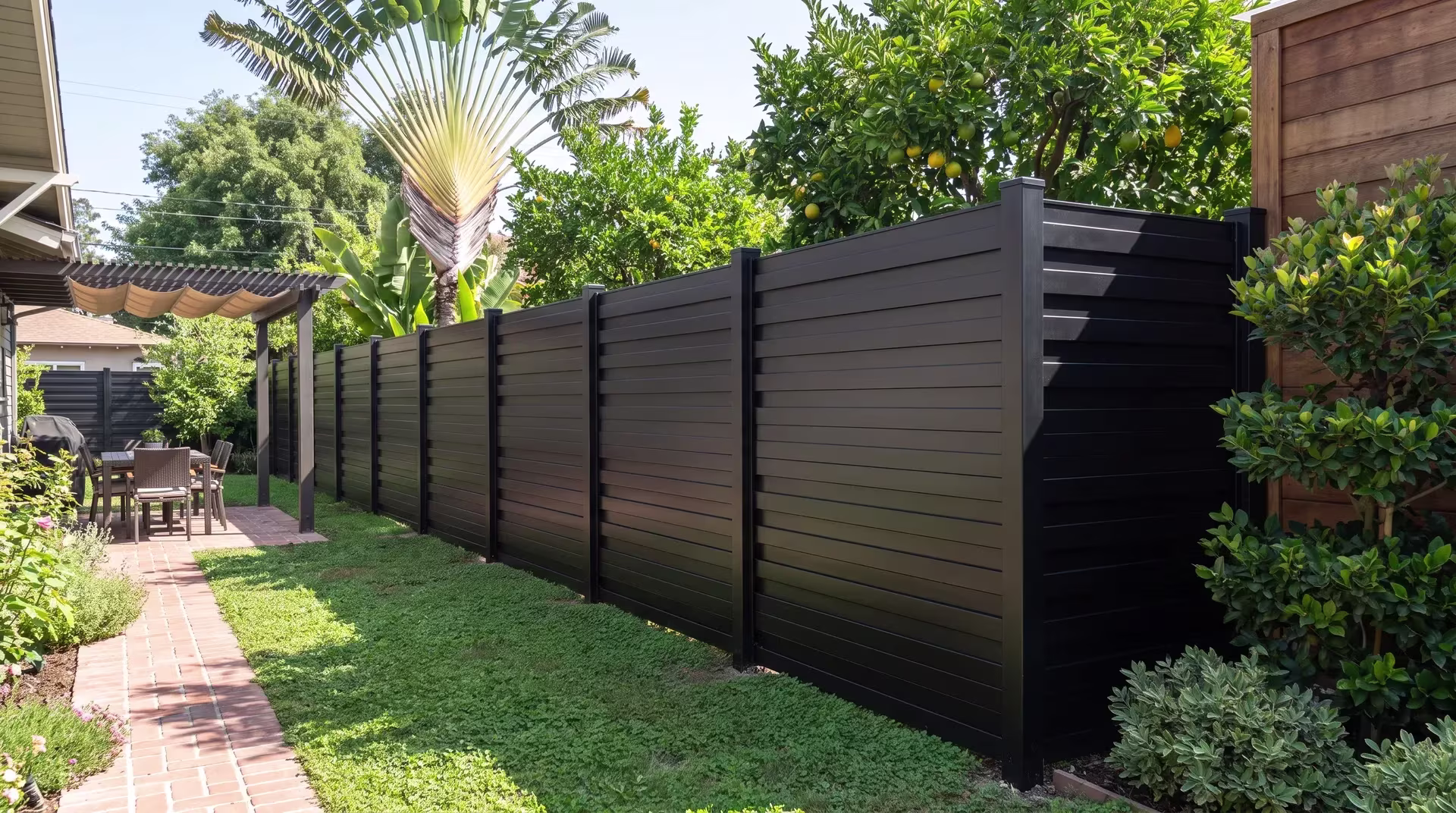 A brick-edged garden path runs beside this aluminum horizontal privacy shadowbox fence in a Craftsman backyard, cast in Black