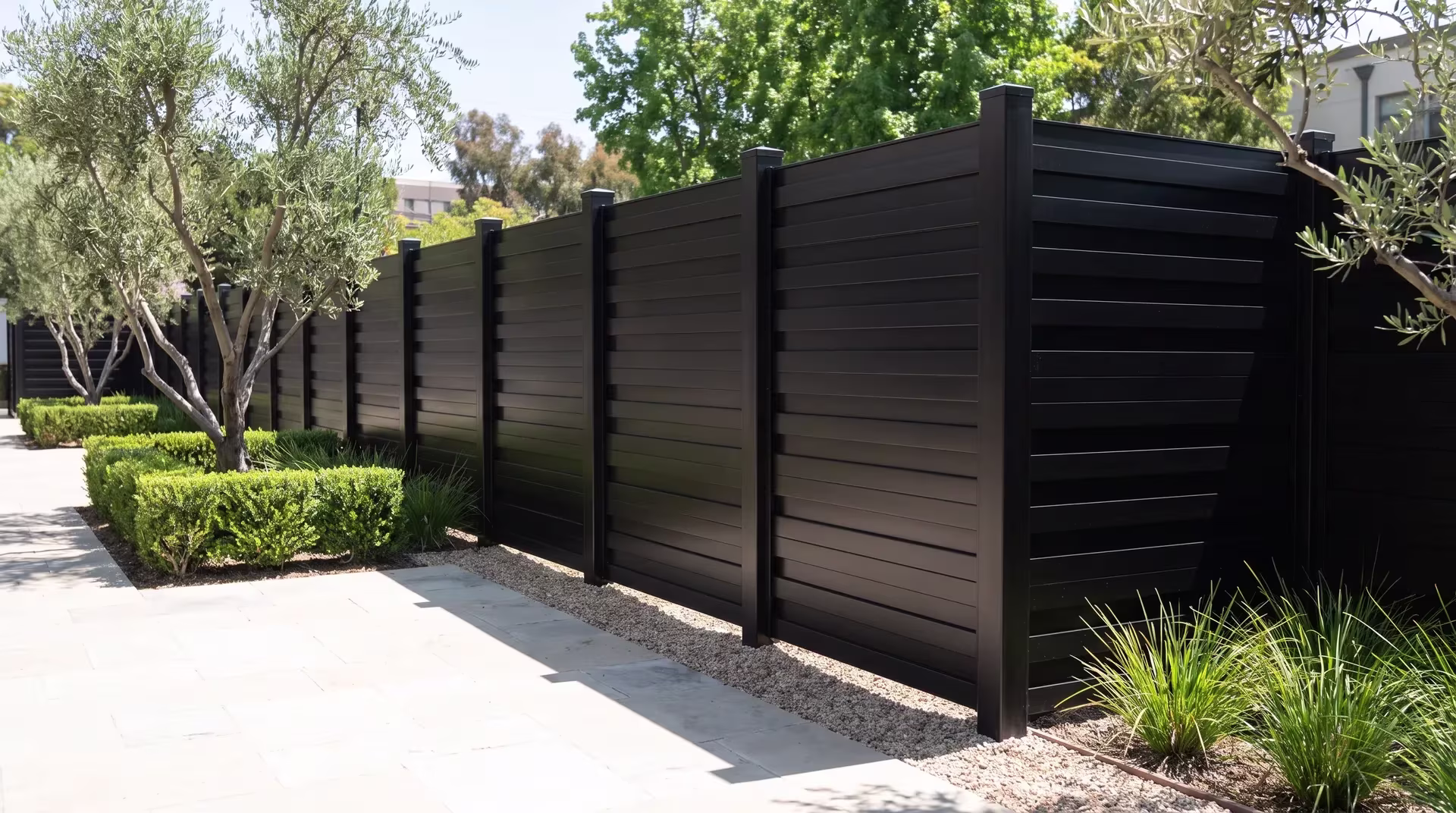 Gravel maintenance band and pale stone paving frame this aluminum horizontal privacy shadowbox fence at a coworking center