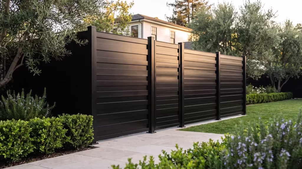 A close architectural view captures this aluminum horizontal privacy shadowbox fence beside a traditional home's lawn