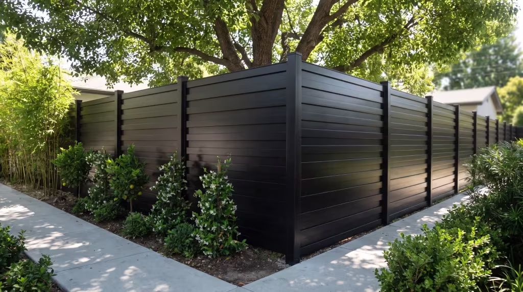 A mature shade tree stands beside this aluminum horizontal privacy shadowbox fence in a modern backyard, in Black