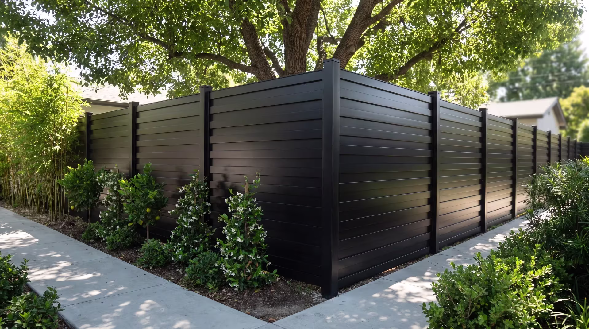 A mature shade tree stands beside this aluminum horizontal privacy shadowbox fence in a modern backyard, in Black