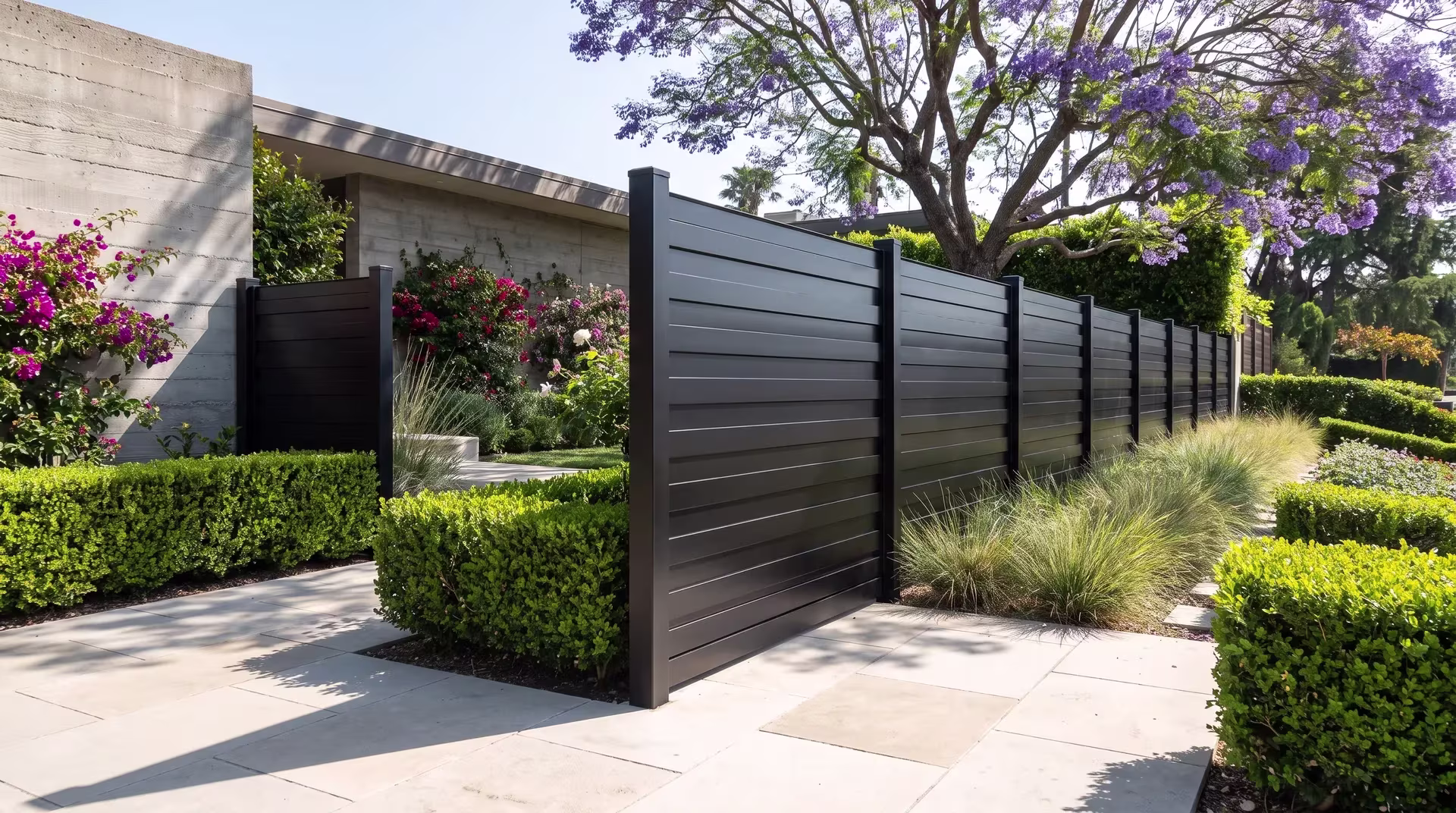 This aluminum horizontal privacy shadowbox fence ends at a hillside home's wall past jacaranda and bougainvillea