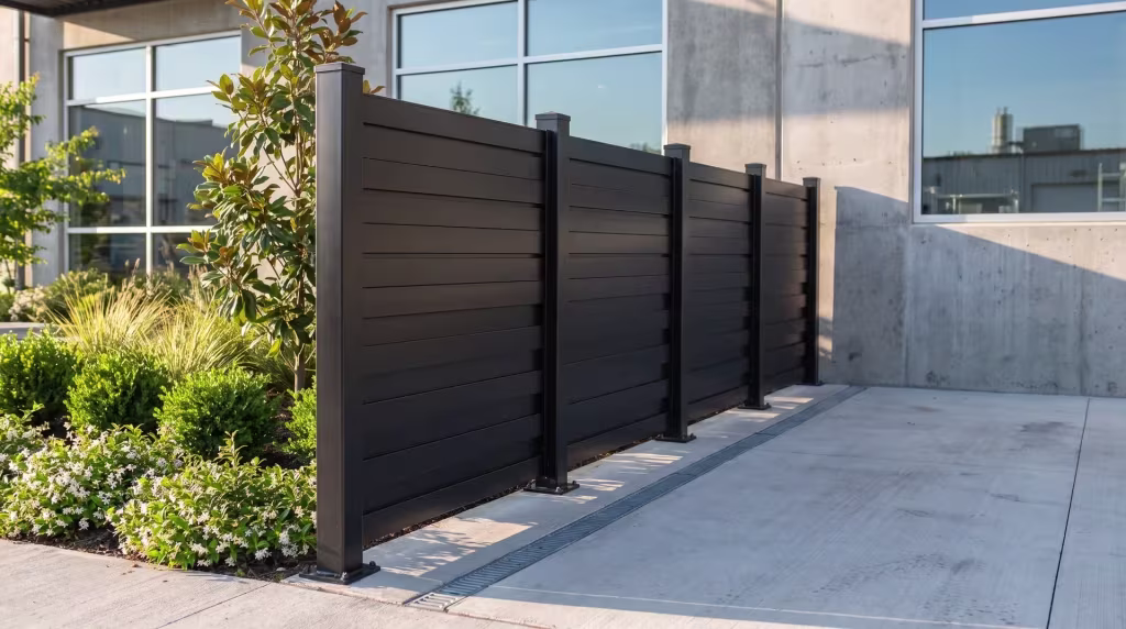A production wing rises behind this aluminum horizontal privacy shadowbox fence at a coffee roastery, in Black
