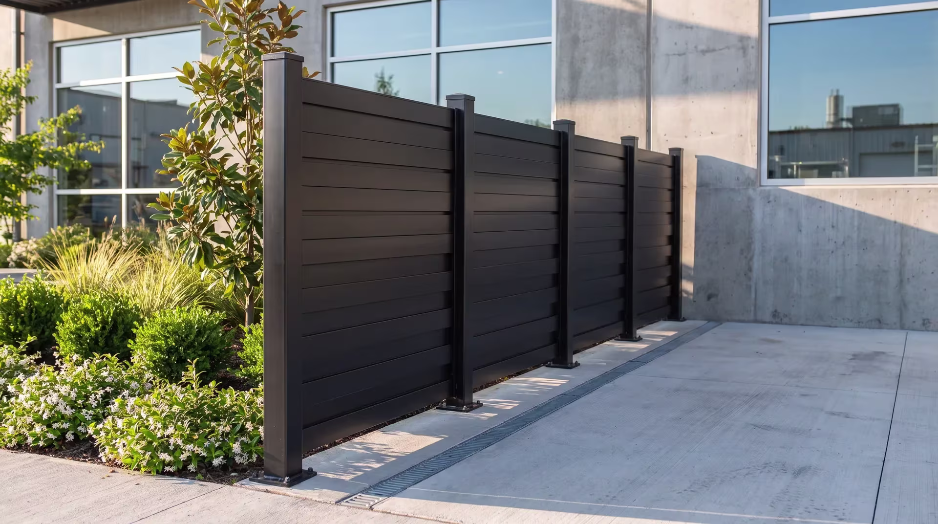 A production wing rises behind this aluminum horizontal privacy shadowbox fence at a coffee roastery, in Black