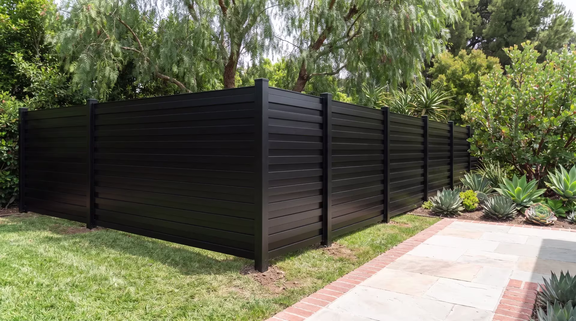 A vintage residence garden surrounds this aluminum horizontal privacy shadowbox fence near a brick-edged terrace