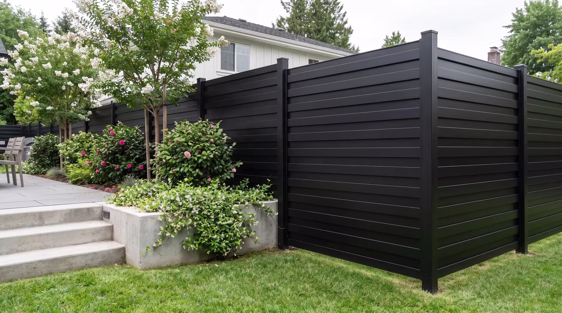 Crepe myrtle and camellias line this aluminum horizontal privacy shadowbox fence at a farmhouse-style home