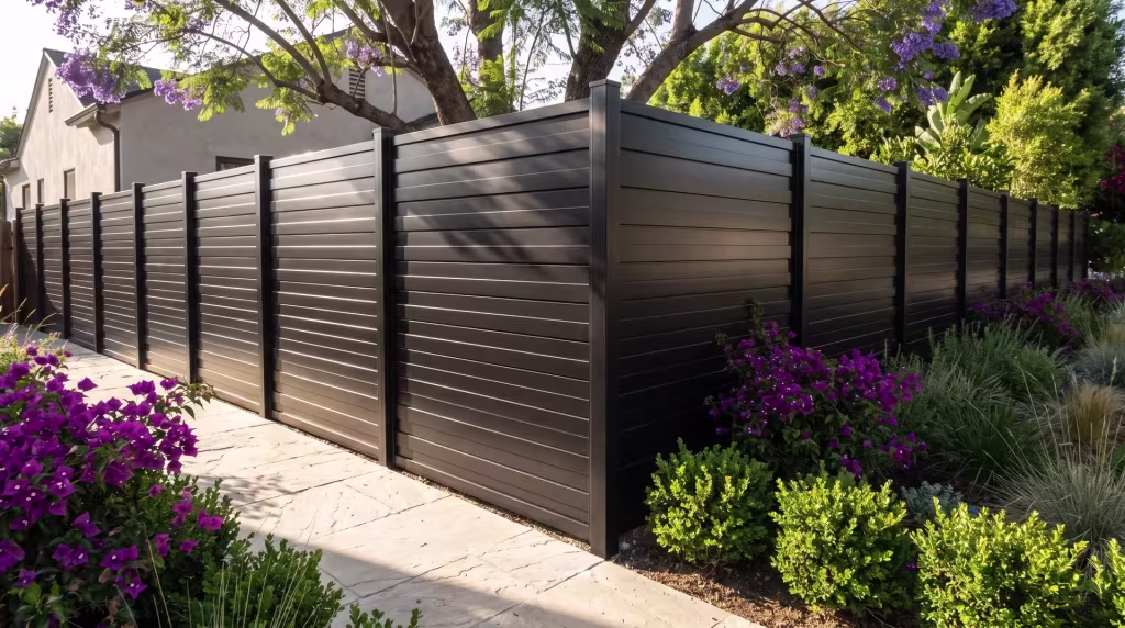 A narrow side garden borders this aluminum horizontal privacy shadowbox fence at a vintage bungalow, done in Black