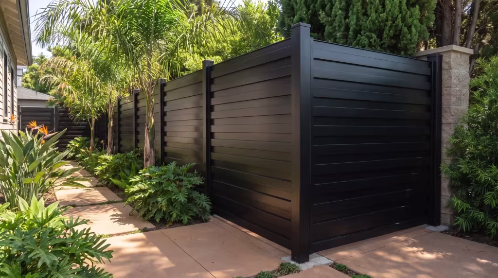 This aluminum horizontal privacy shadowbox fence recedes toward a masonry column past queen palms and philodendron