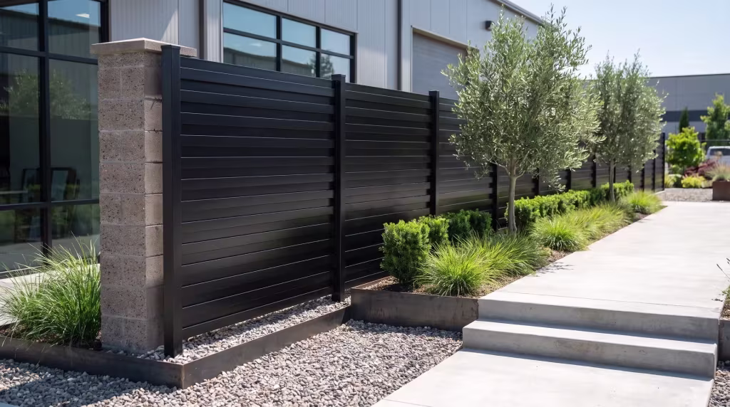 Dark metal retaining edges flank this aluminum horizontal privacy shadowbox fence beside an employee courtyard's service lane