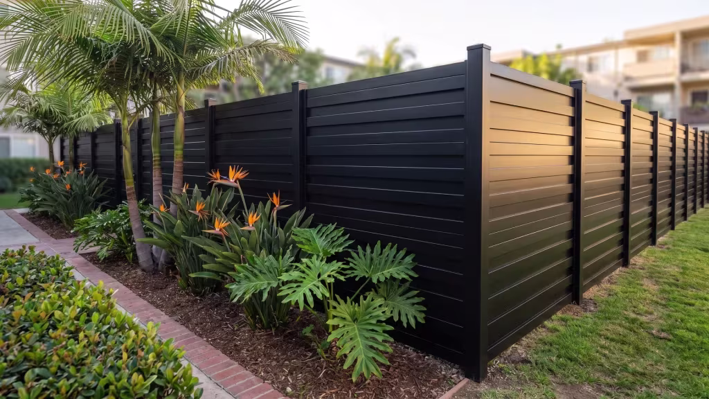 A brick-edged path circles this courtyard lawn beside an aluminum horizontal privacy shadowbox fence, shown in Black