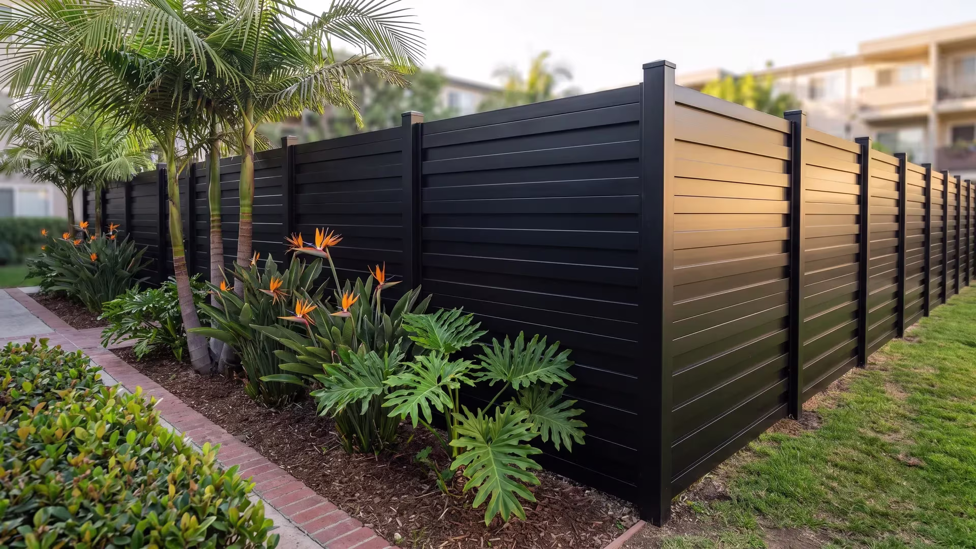 A brick-edged path circles this courtyard lawn beside an aluminum horizontal privacy shadowbox fence, shown in Black