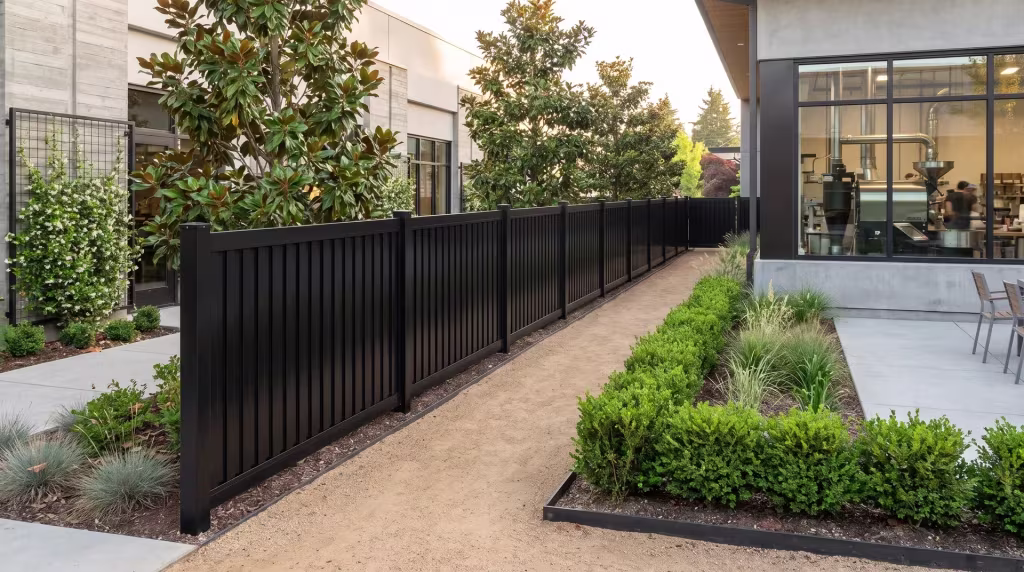 Decomposed granite and steel edging border this aluminum vertical privacy shadowbox fence at a roastery courtyard, in Black