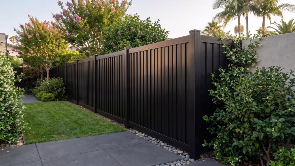 Black aluminum vertical privacy shadowbox fence bordering dark charcoal pavers in a wind-sheltered coastal backyard