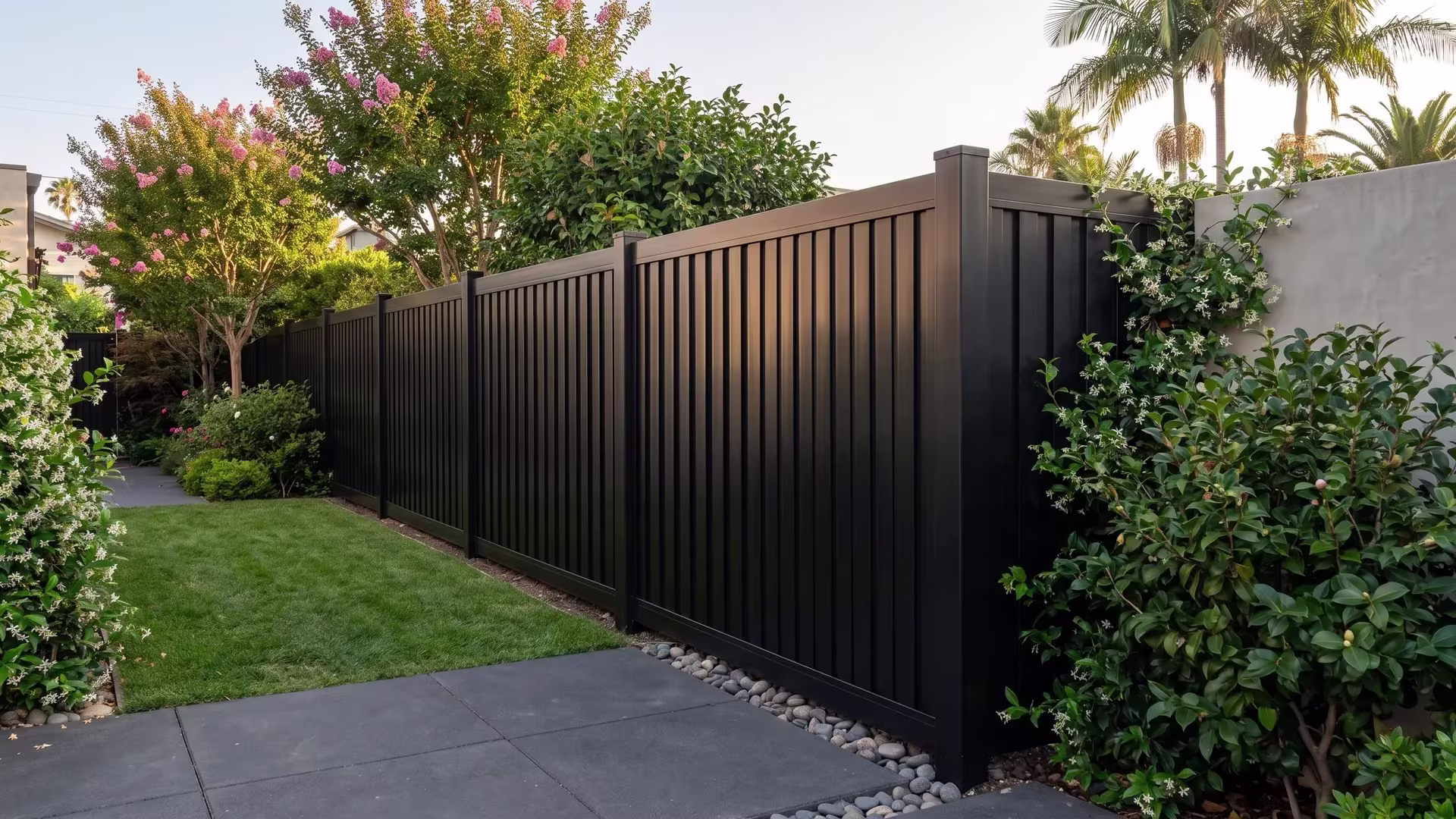 Black aluminum vertical privacy shadowbox fence bordering dark charcoal pavers in a wind-sheltered coastal backyard