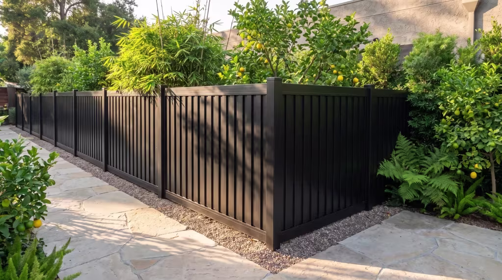 Bamboo and citrus screen this aluminum vertical privacy shadowbox fence at a restaurant's dining garden, in Black