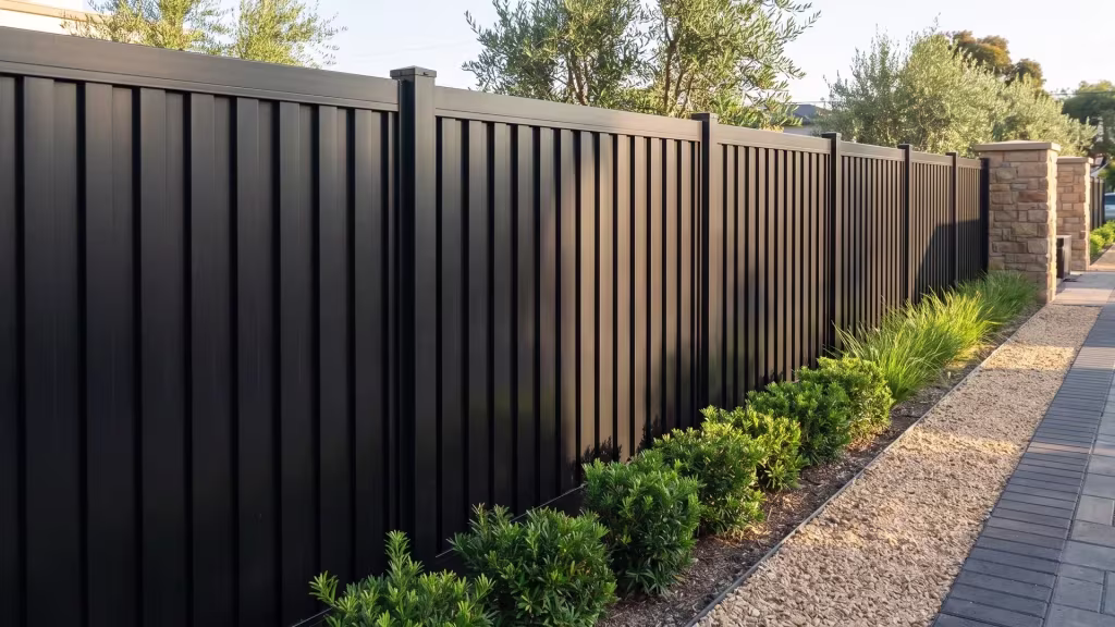 Aluminum vertical privacy shadowbox fence in Black, receding toward a masonry column behind a bakery cafe terrace