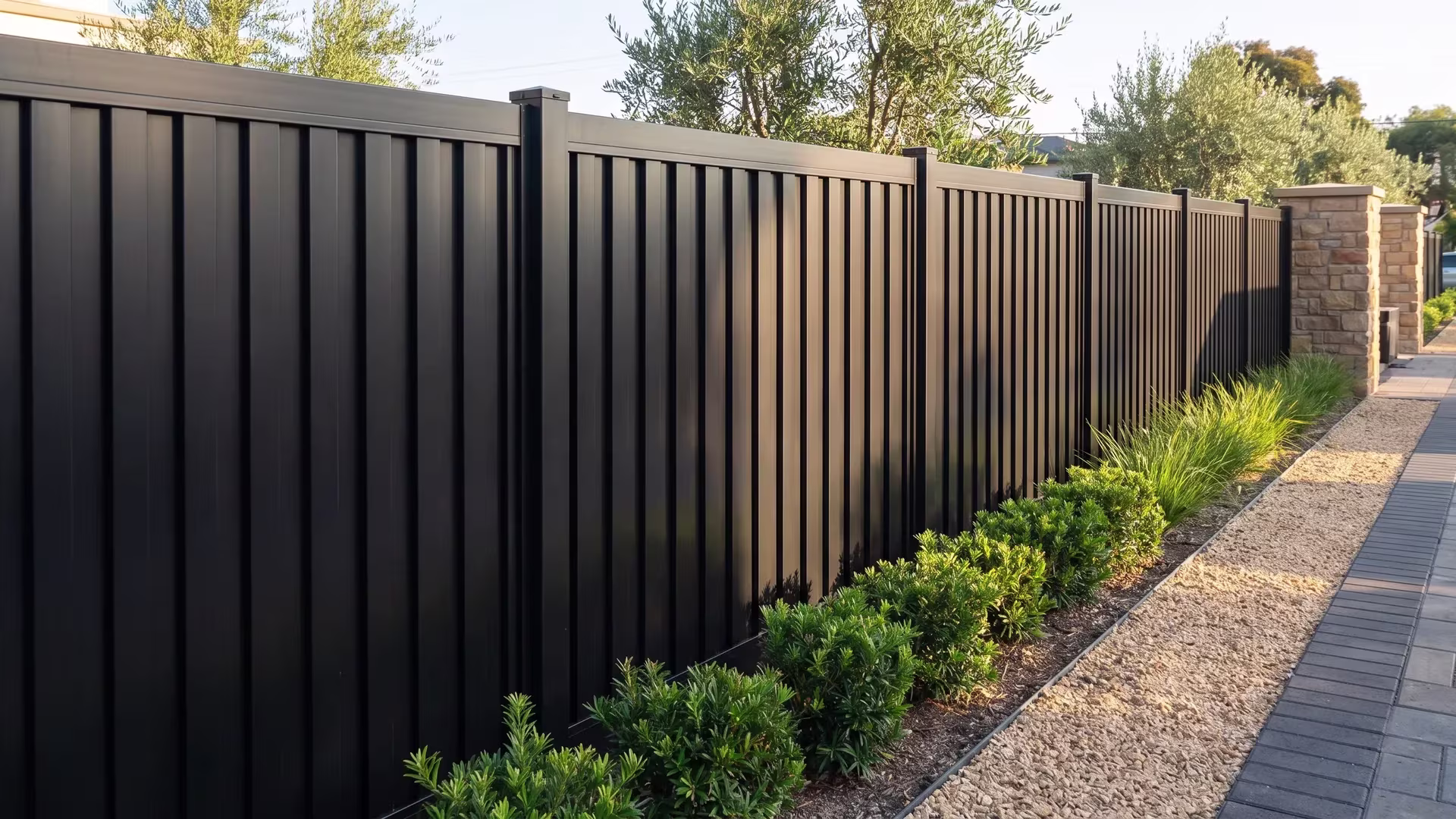 Aluminum vertical privacy shadowbox fence in Black, receding toward a masonry column behind a bakery cafe terrace