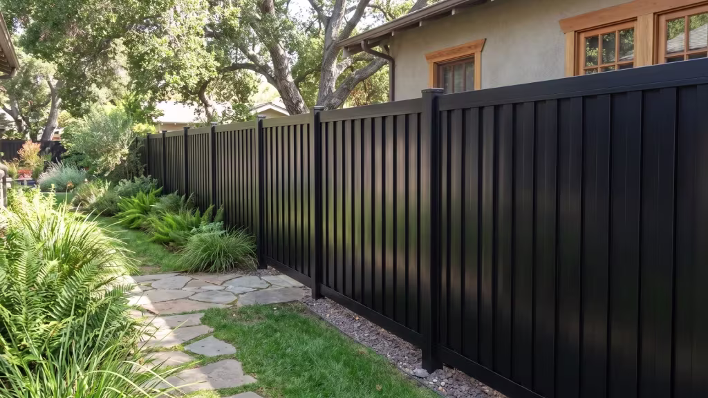 A flagstone walk leads past an aluminum vertical privacy shadowbox fence through this bungalow yard, cast in Black