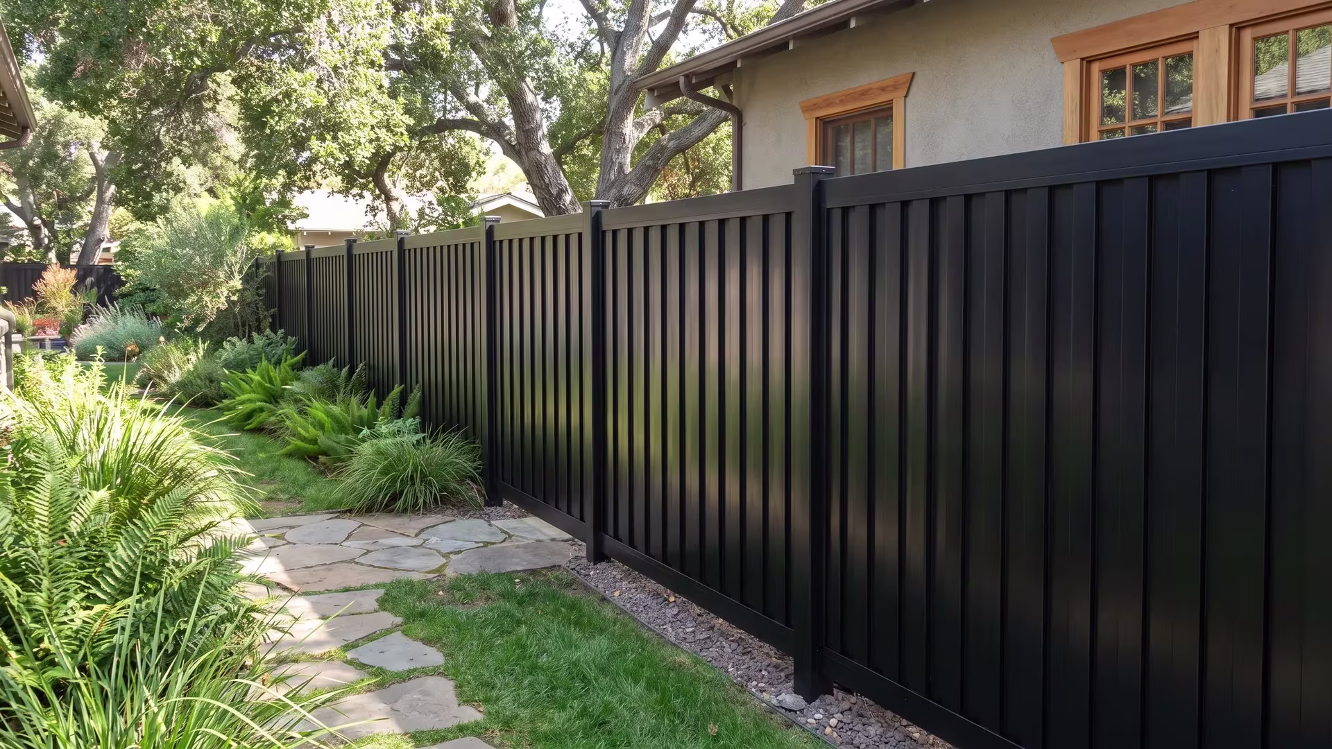 A flagstone walk leads past an aluminum vertical privacy shadowbox fence through this bungalow yard, cast in Black