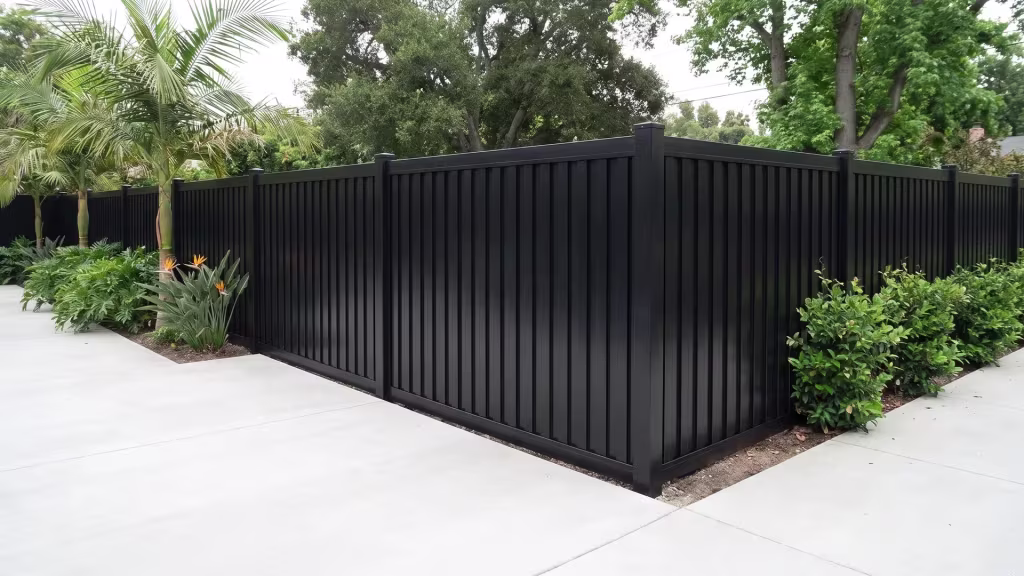 A concrete walk passes an aluminum vertical privacy shadowbox fence in this Craftsman backyard, finished in Black