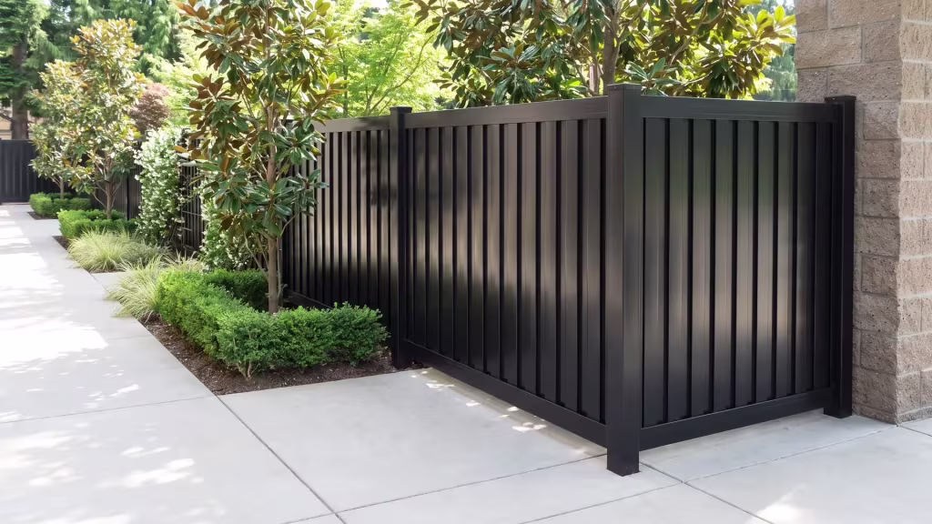 Pale concrete paving with control joints meets an aluminum vertical privacy shadowbox fence at this studio, colored Black