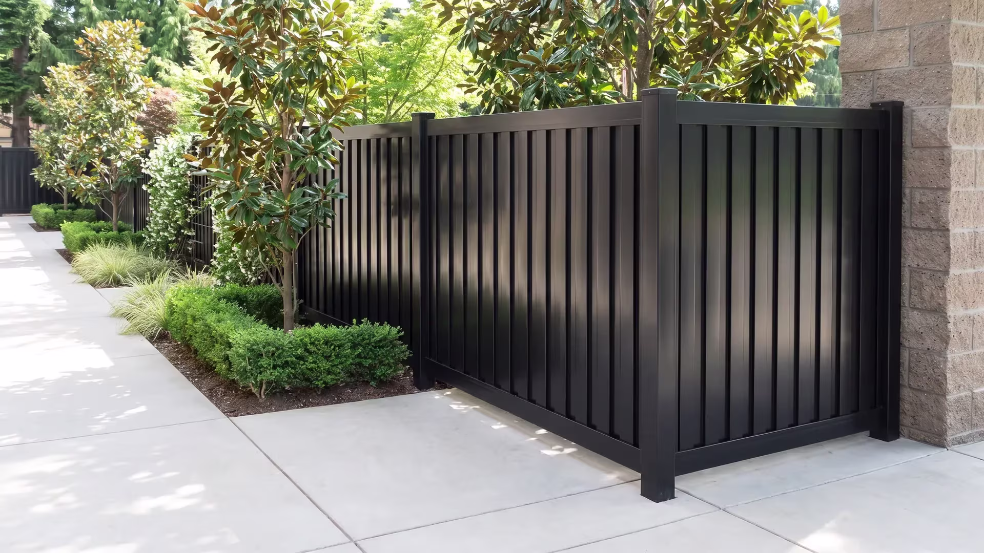 Pale concrete paving with control joints meets an aluminum vertical privacy shadowbox fence at this studio, colored Black