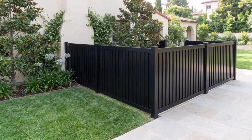 This aluminum vertical privacy shadowbox fence meets a true corner post beside a Spanish Revival stucco wing