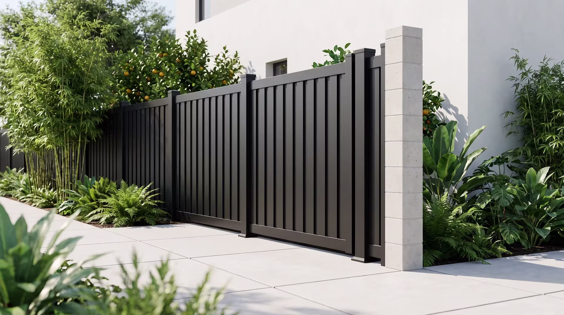 Bamboo clusters and ferns soften this aluminum vertical privacy shadowbox fence near a masonry column, in Black
