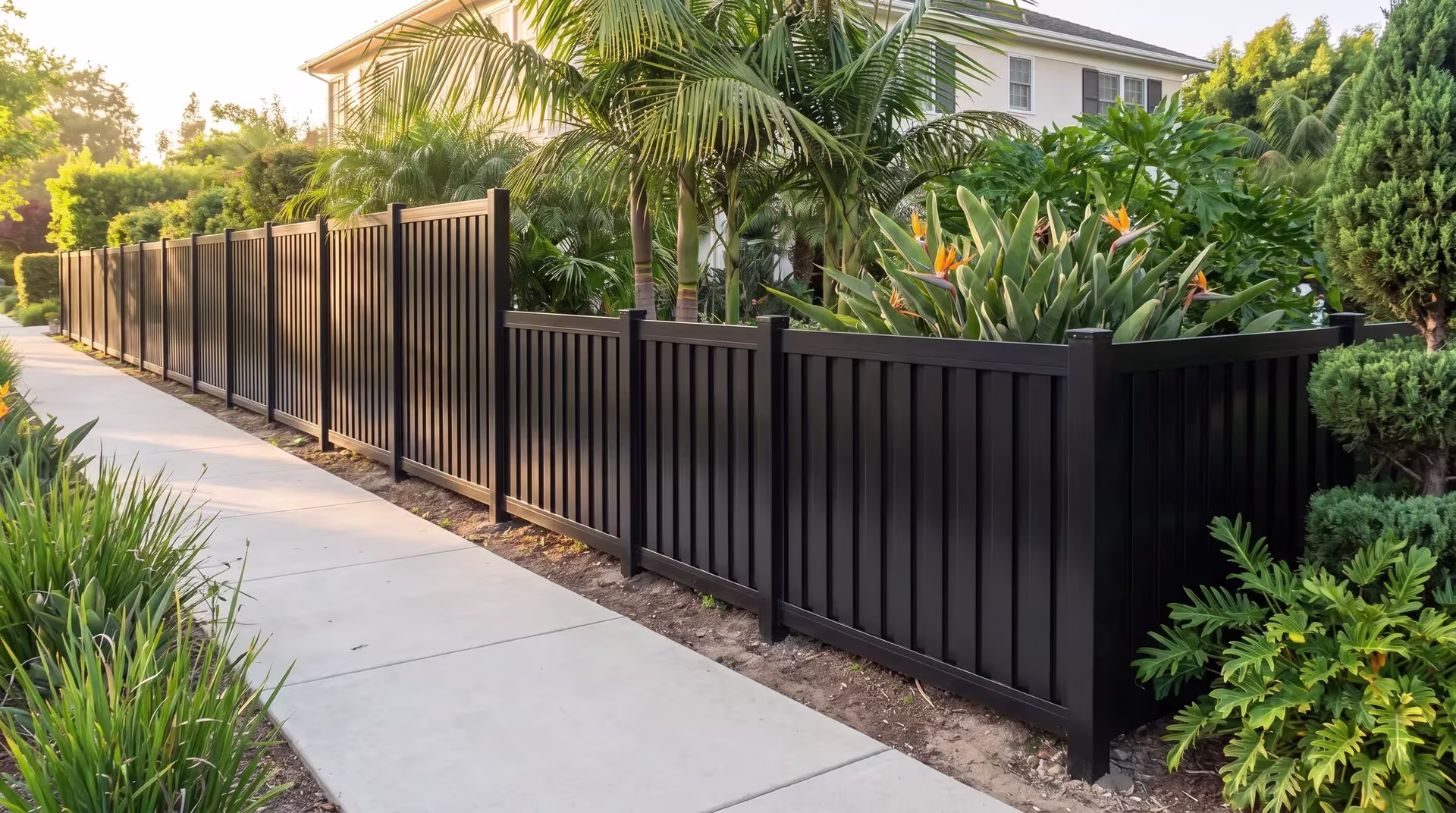 Queen palms and philodendron frame this aluminum vertical privacy shadowbox fence along a formal lawn, in Black