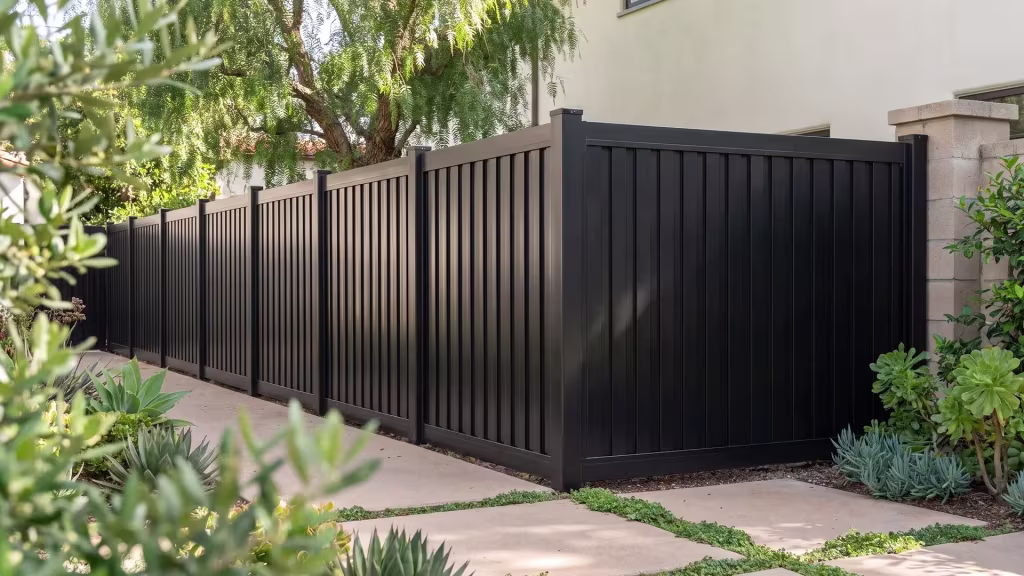 A stucco wing borders an aluminum vertical privacy shadowbox fence in this Spanish Revival garden, finished Black