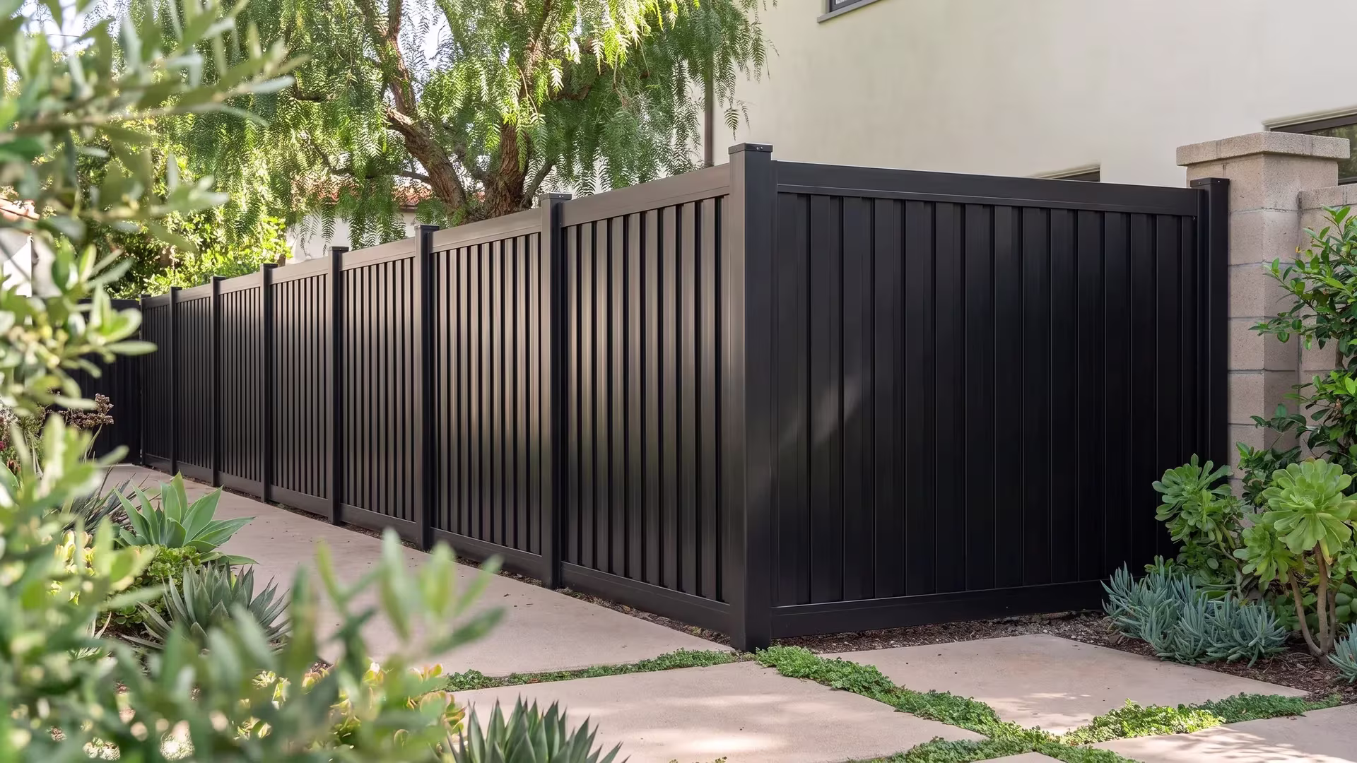 A stucco wing borders an aluminum vertical privacy shadowbox fence in this Spanish Revival garden, finished Black