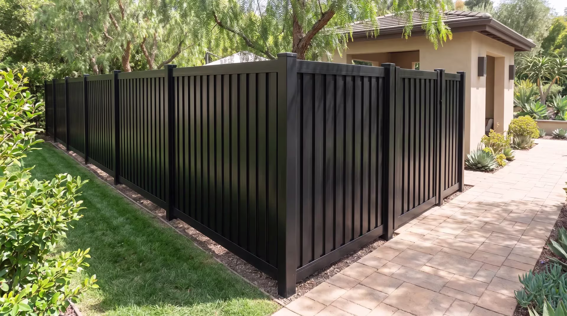 A low stucco pavilion sits beside this aluminum vertical privacy shadowbox fence at a wellness hotel's garden, cast in Black