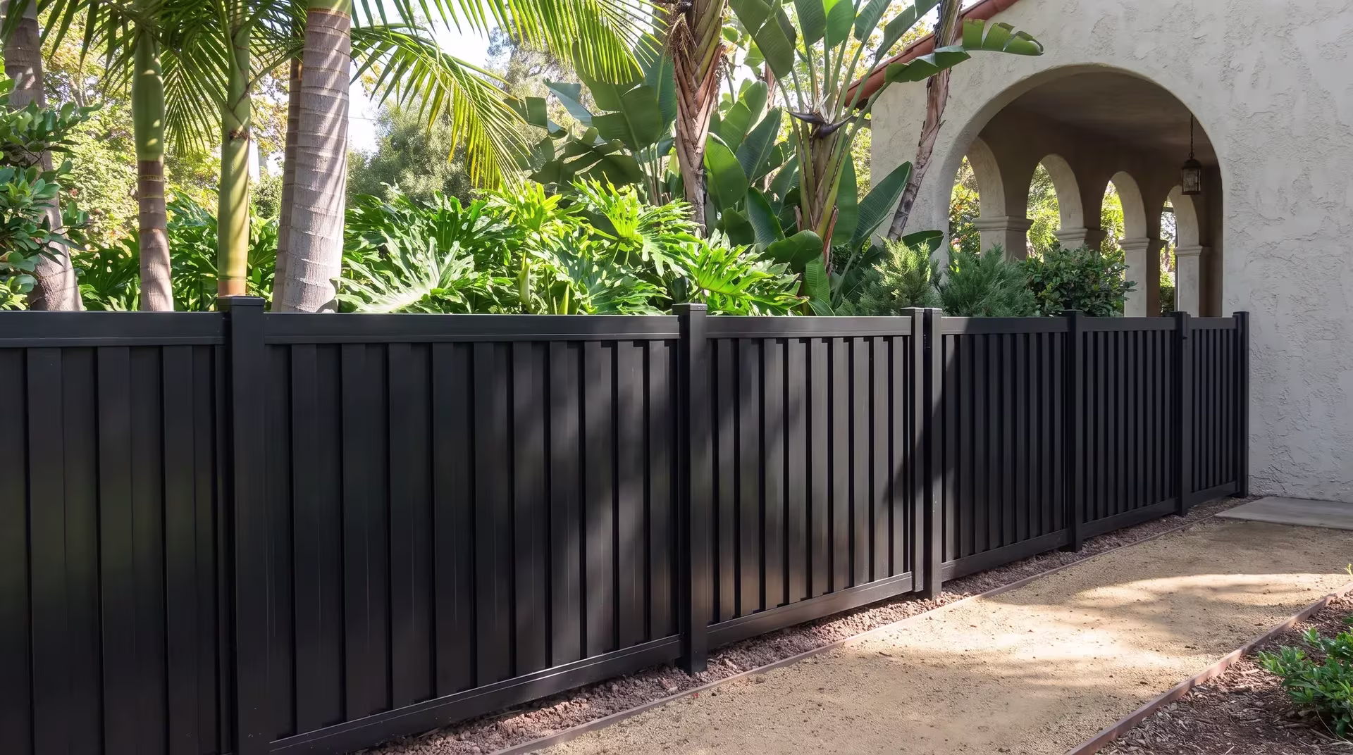An arched stucco loggia stands behind this aluminum vertical privacy shadowbox fence at the building wall, in Black