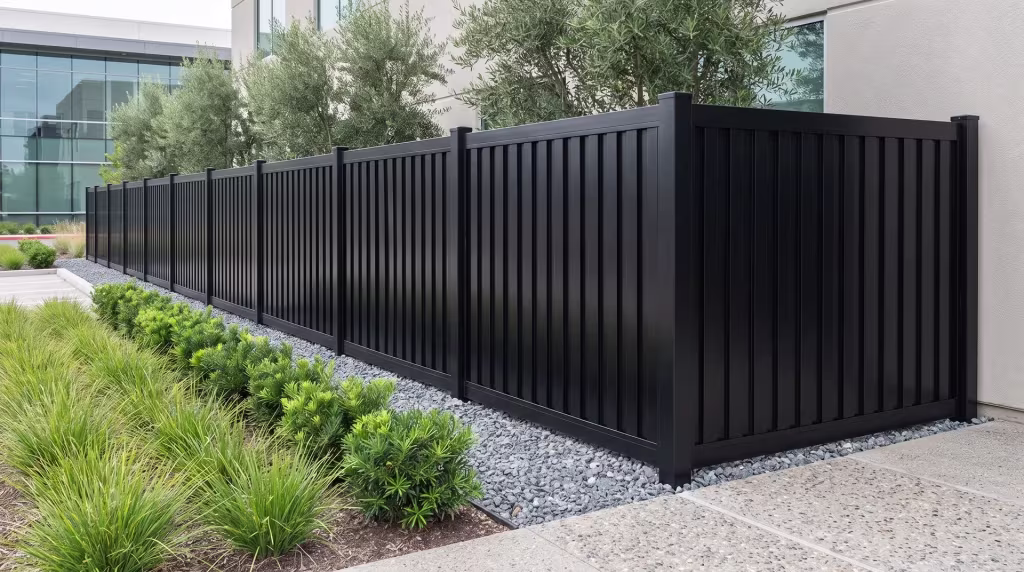Exposed-aggregate paving and a bioswale line this aluminum vertical privacy shadowbox fence at a semiconductor plant