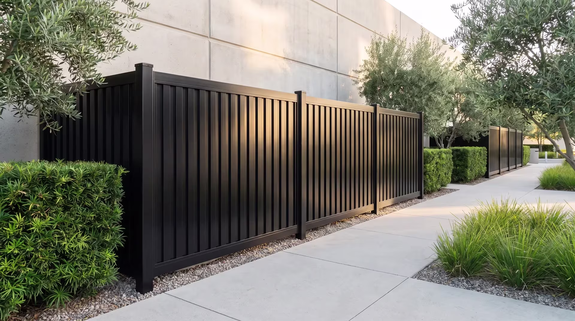 Pale concrete paving and podocarpus front this aluminum vertical privacy shadowbox fence at a cosmetics campus, in Black