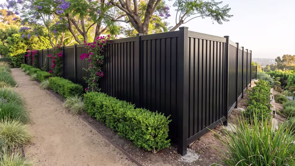 Decomposed-granite paths trace a level terrace lined by an aluminum vertical privacy shadowbox fence, colored Black