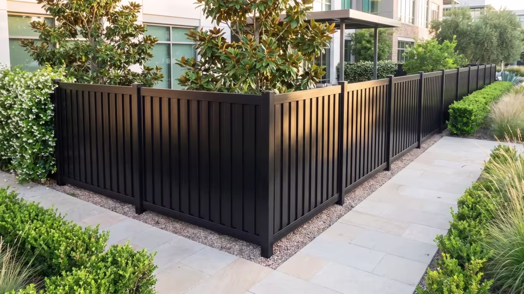Pale stone paving meets a gravel band beside an aluminum vertical privacy shadowbox fence at this office, Black finish