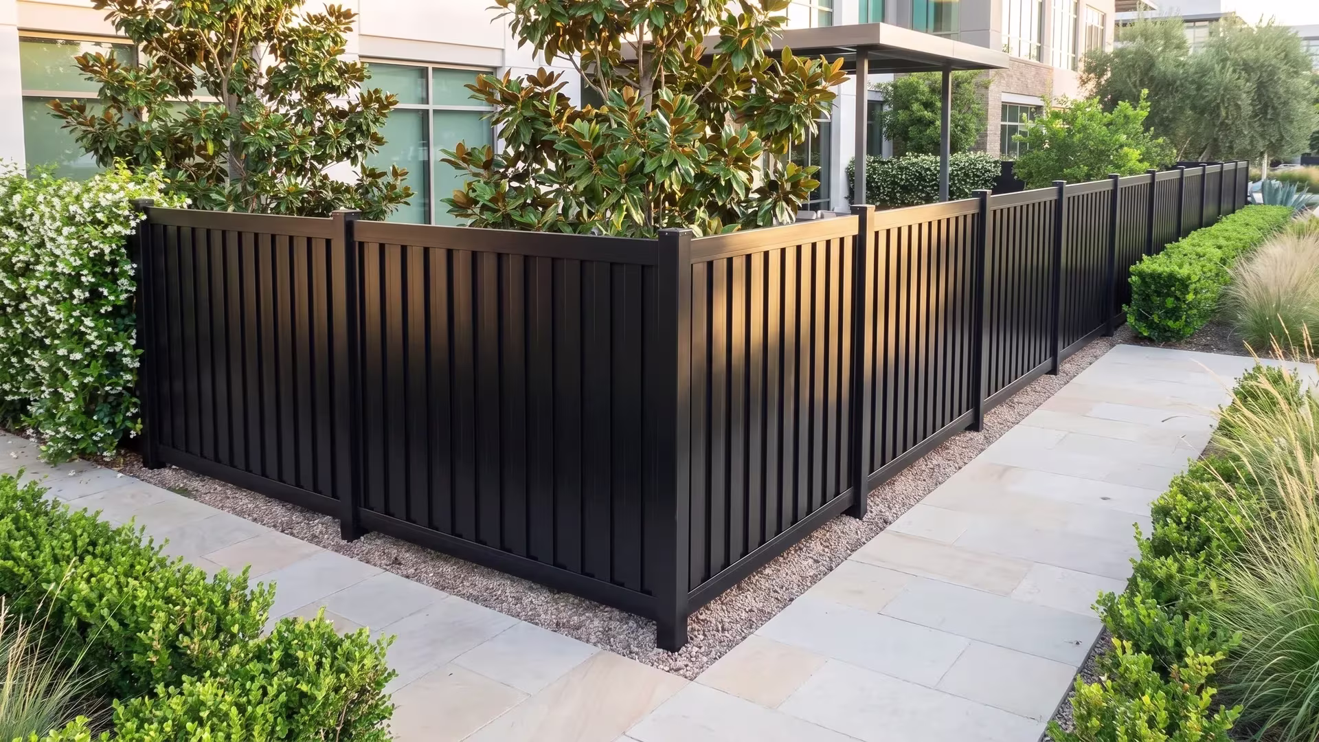 Pale stone paving meets a gravel band beside an aluminum vertical privacy shadowbox fence at this office, Black finish