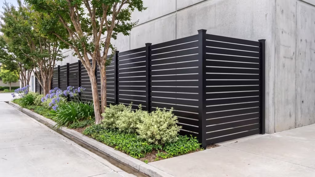 Black aluminum semi privacy fence enclosing a data center yard beside a concrete technical building