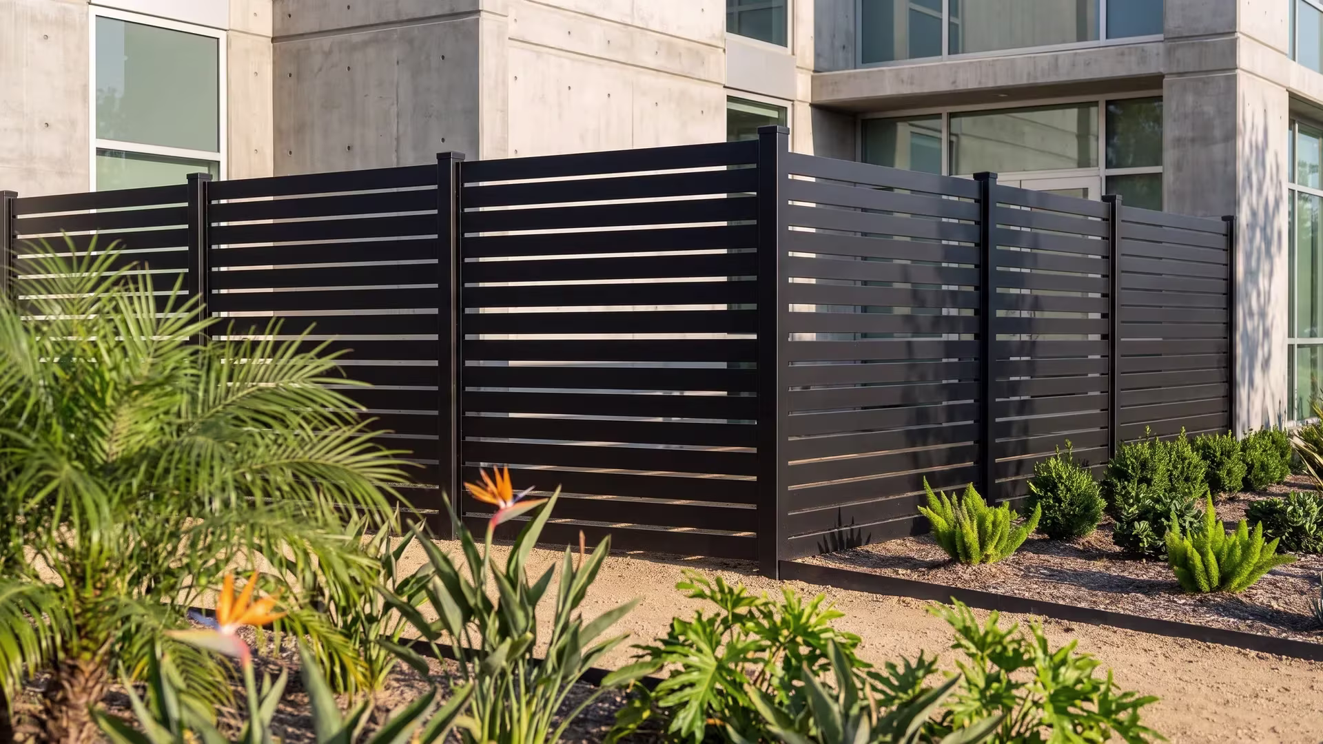 Decomposed granite with crisp steel edging meets this Black aluminum semi privacy fence at a shallow property line turn