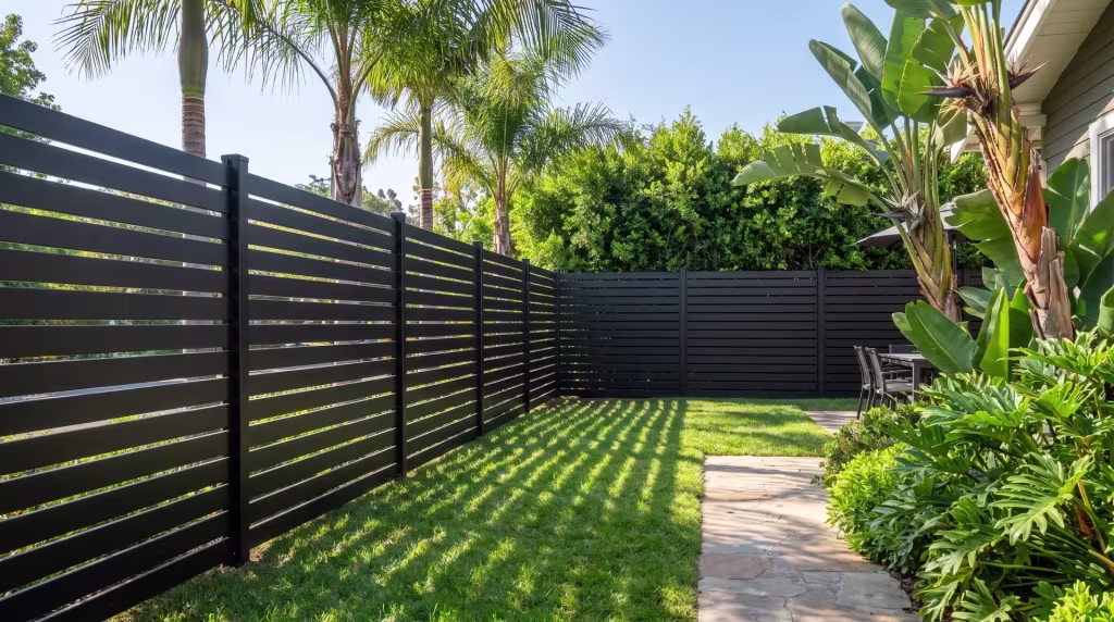 Queen palms and a shaded dining terrace frame this Black aluminum semi privacy fence in a Craftsman backyard