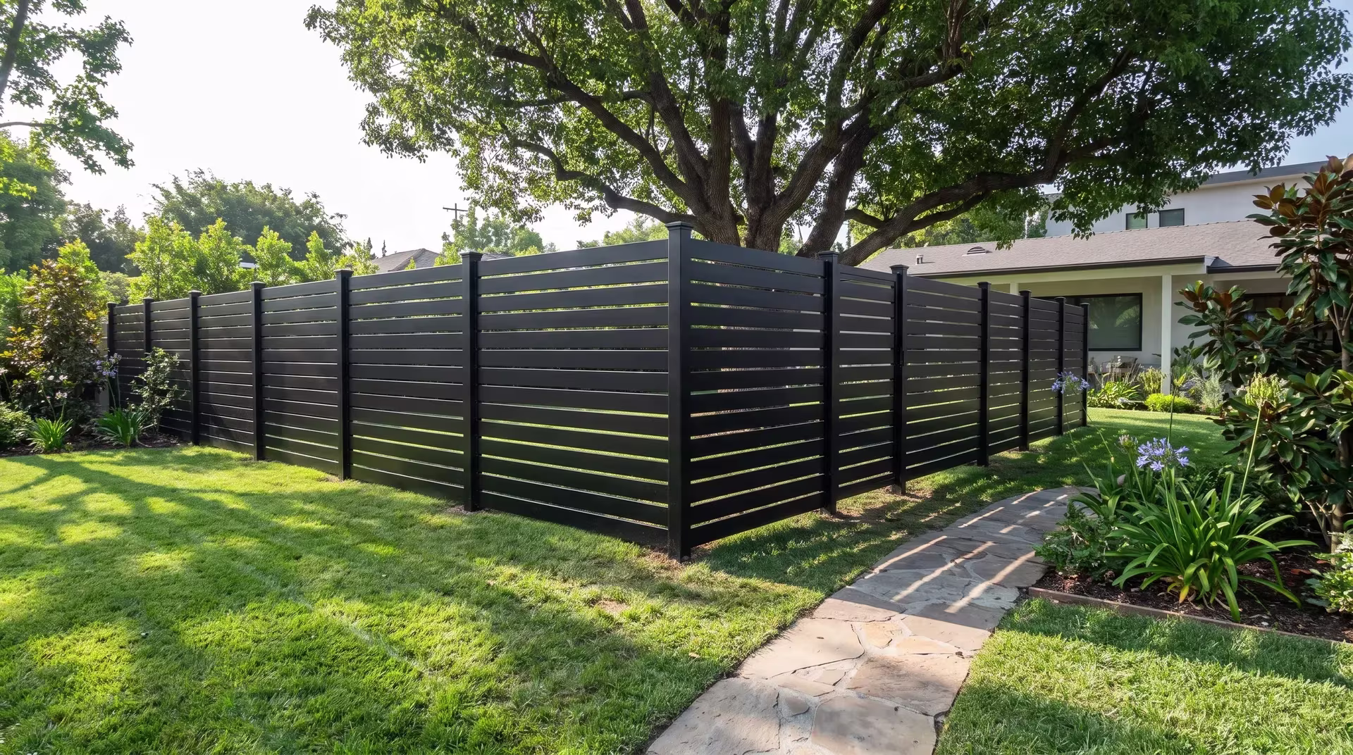 A corner post marks where this Black aluminum semi privacy fence turns beneath a mature backyard shade tree