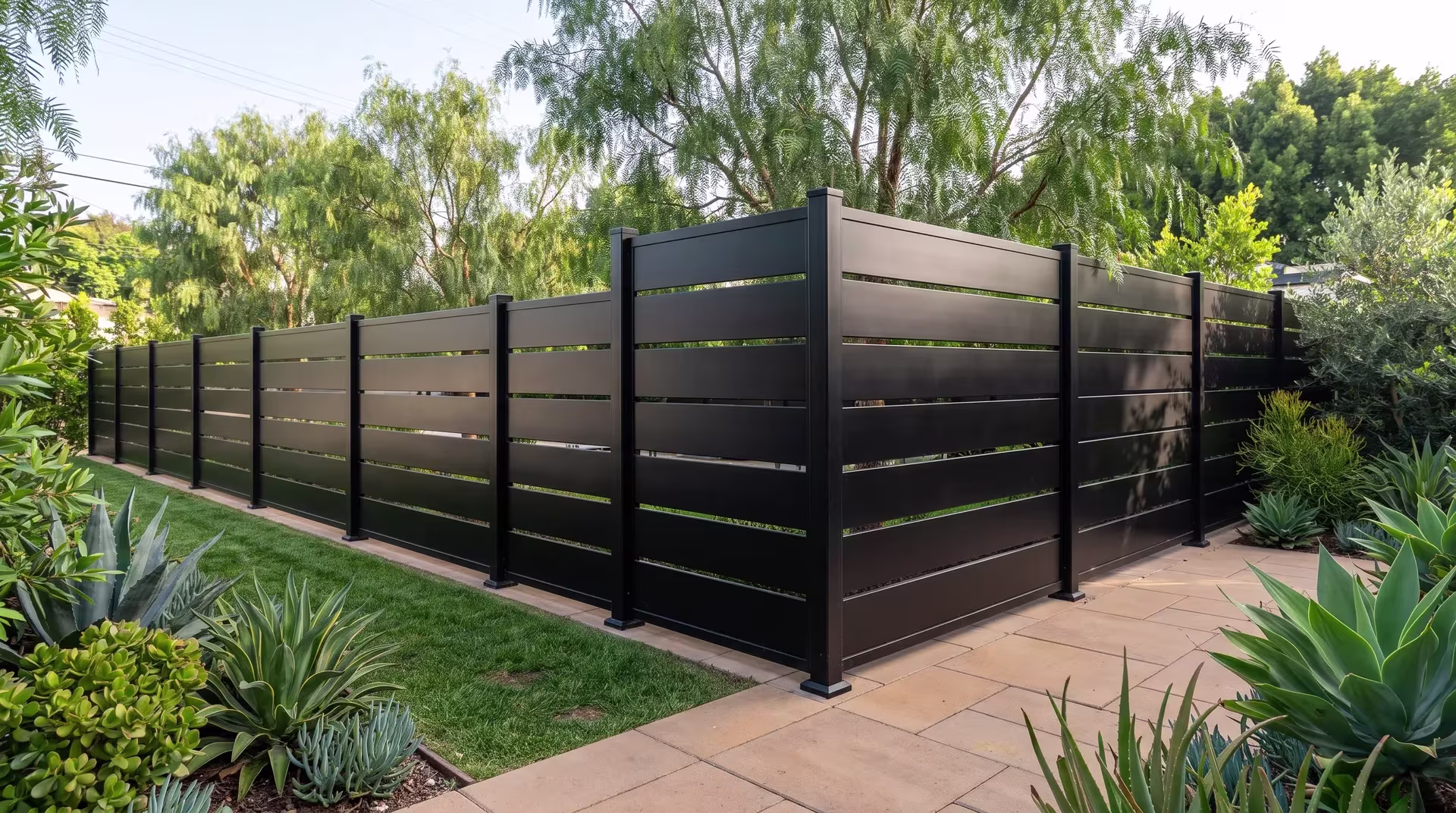 Warm architectural pavers edge a Black aluminum semi privacy fence around a restaurant's rear dining garden