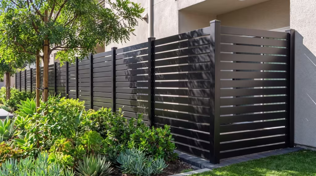 A multifamily courtyard's common garden is bordered by a Black aluminum semi privacy fence near pepper tree canopy