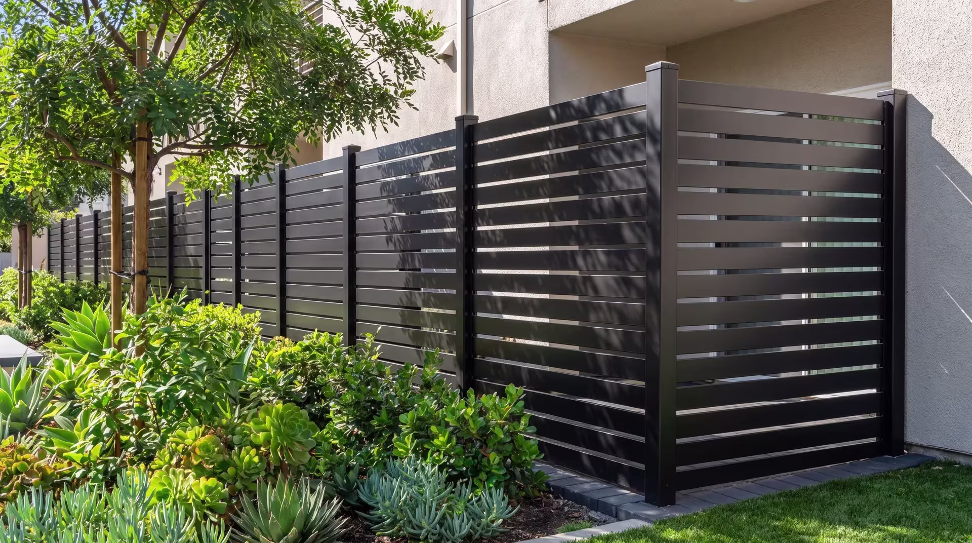 A multifamily courtyard's common garden is bordered by a Black aluminum semi privacy fence near pepper tree canopy