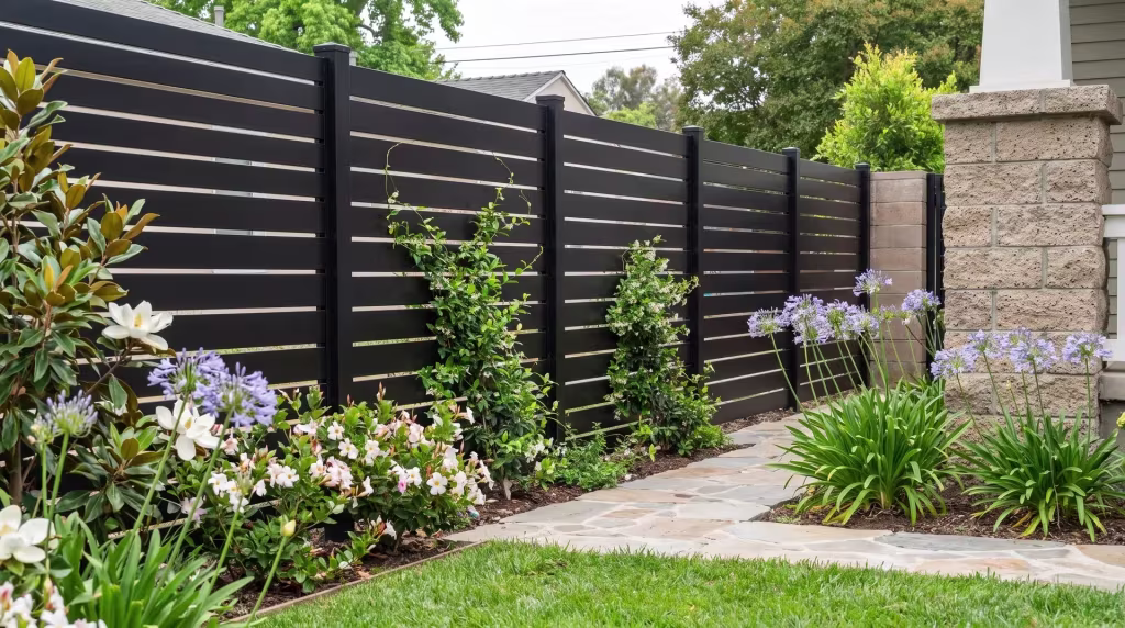 A narrow side yard leads to a Black aluminum semi privacy fence closing off a secluded back garden